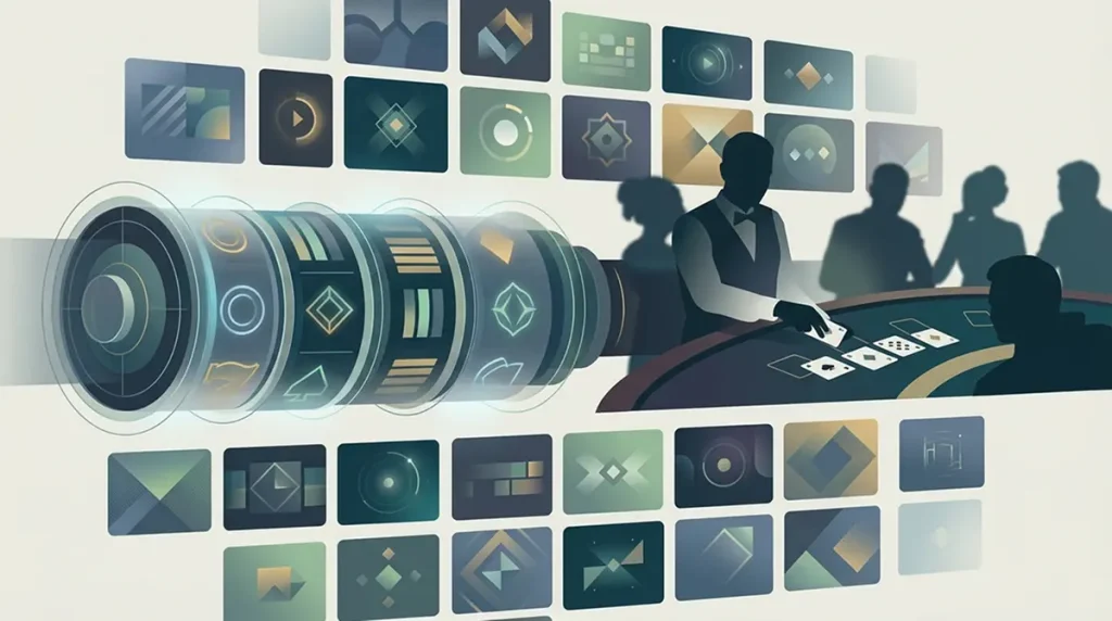 Abstract illustration of slot reels and live table gaming motifs