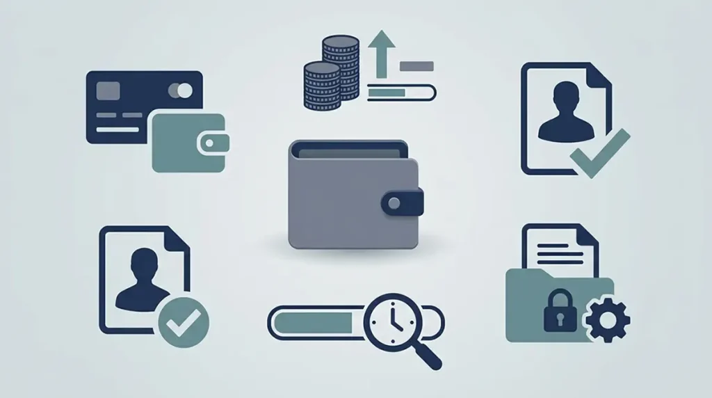 Illustration of a withdrawal checklist with cashout verification and timing symbols