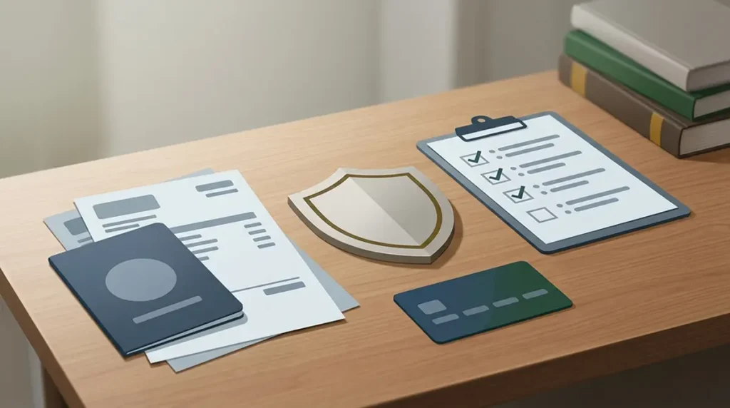 Illustration of identity verification preparation with generic document silhouettes and a shield