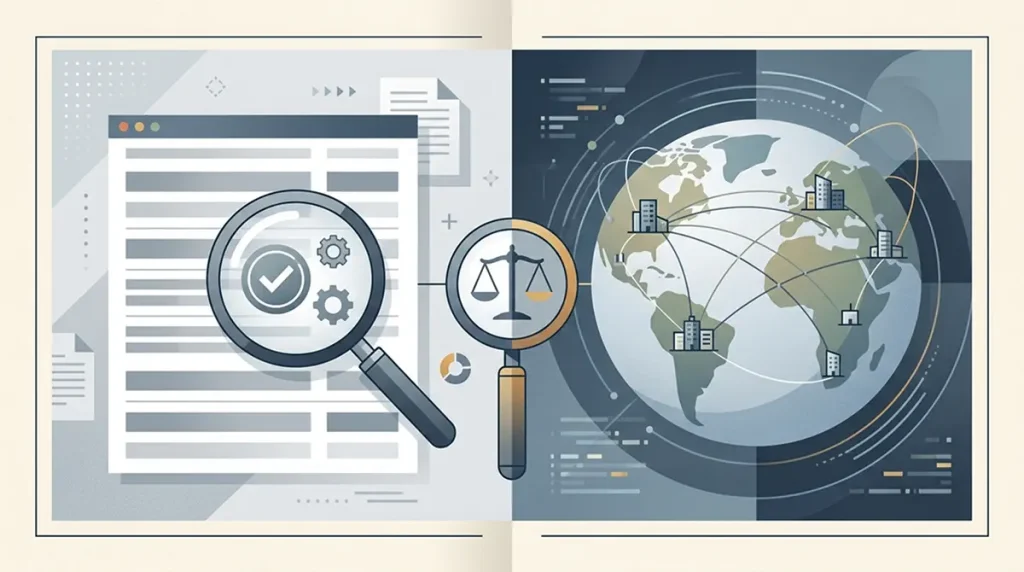 Illustration comparing a UK licence register with an offshore jurisdiction globe, without official seals