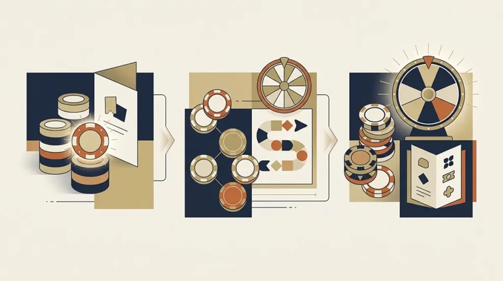 Illustration of a three-stage casino bonus sequence with free-spin symbols