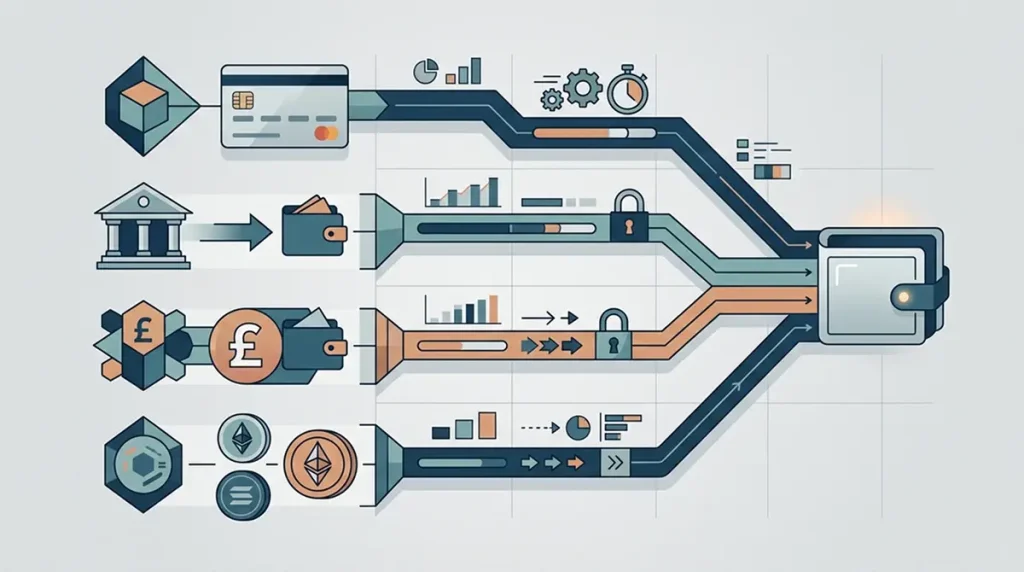 Illustration comparing GBP card bank and cryptocurrency payment routes