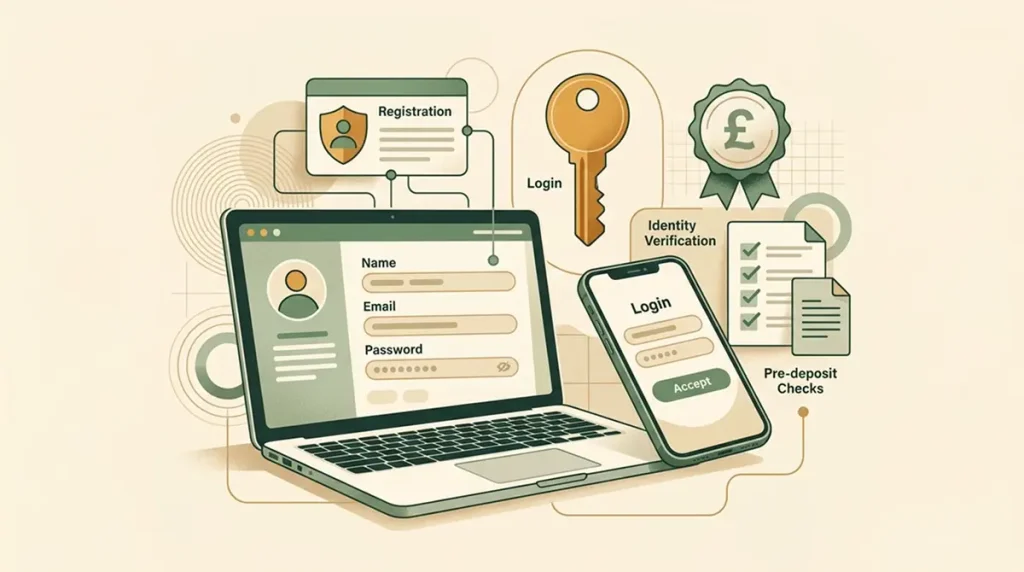Illustration of account registration, login and GBP profile setup steps