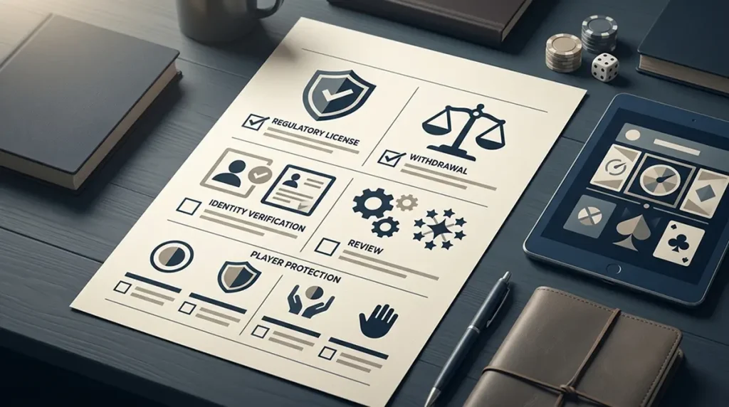 Illustration of a trust checklist comparing licence status, payments, review signals and player protections